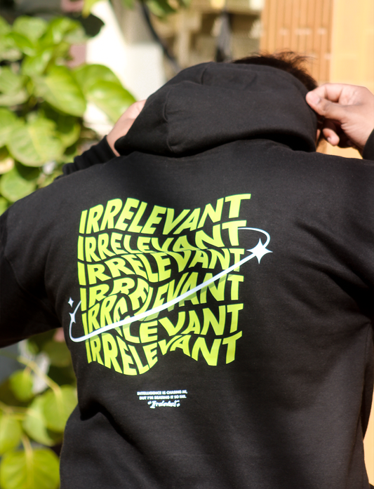 Irrelevant | Premium Black Graphic Hoodie